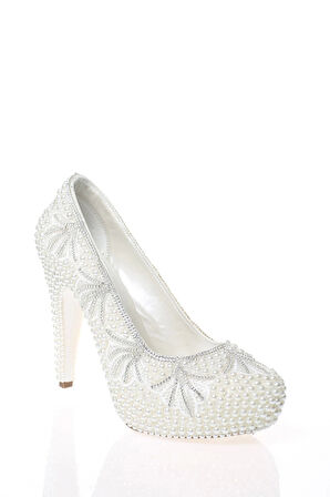 Kadın Moda Şık Sedef İnci Taş İşlemeli Topuklu Zarif Tasarım Düğün Nişan Gece Abiye Ayakkabısı