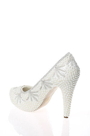 Kadın Moda Şık Sedef İnci Taş İşlemeli Topuklu Zarif Tasarım Düğün Nişan Gece Abiye Ayakkabısı