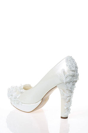 Kadın Moda Beyaz Sedef Inci Taş Işlemeli Gelin Ayakkabı Topuklu Düğün Nişan Gece Abiye Ayakkabısı