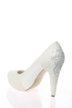Kadın Moda Beyaz Sedef Inci Taş Işlemeli Gelin Ayakkabı Topuklu Düğün Nişan Gece Abiye Ayakkabısı