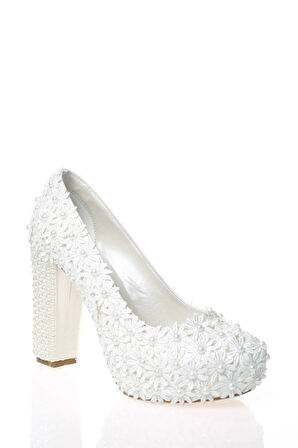 Kadın Moda Beyaz Sedef Inci Taş Işlemeli Gelin Ayakkabı Topuklu Düğün Nişan Gece Abiye Ayakkabısı