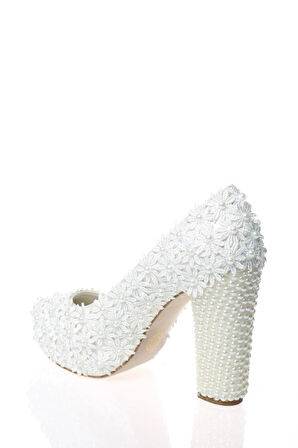 Kadın Moda Beyaz Sedef Inci Taş Işlemeli Gelin Ayakkabı Topuklu Düğün Nişan Gece Abiye Ayakkabısı
