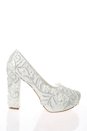 Kadın Moda Beyaz Sedef Inci Taş Işlemeli Gelin Ayakkabı Topuklu Düğün Nişan Gece Abiye Ayakkabısı