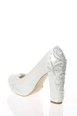 Kadın Moda Beyaz Sedef Inci Taş Işlemeli Gelin Ayakkabı Topuklu Düğün Nişan Gece Abiye Ayakkabısı