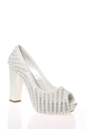 Kadın Moda Beyaz Sedef Inci Taş Işlemeli Gelin Ayakkabı Topuklu Düğün Nişan Gece Abiye Ayakkabısı