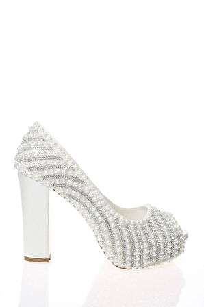 Kadın Moda Beyaz Sedef Inci Taş Işlemeli Gelin Ayakkabı Topuklu Düğün Nişan Gece Abiye Ayakkabısı