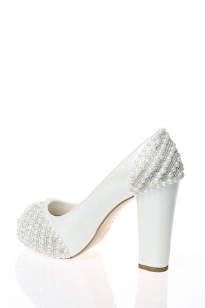 Kadın Moda Beyaz Sedef Inci Taş Işlemeli Gelin Ayakkabı Topuklu Düğün Nişan Gece Abiye Ayakkabısı