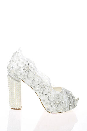 Kadın Moda Beyaz Sedef Inci Taş Işlemeli Gelin Ayakkabı Topuklu Düğün Nişan Gece Abiye Ayakkabısı