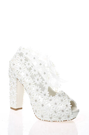 Kadın Moda Beyaz Sedef Inci Taş Işlemeli Gelin Ayakkabı Topuklu Düğün Nişan Gece Abiye Ayakkabısı