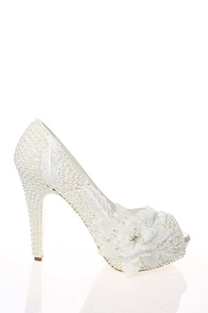 Kadın Moda Beyaz Sedef Inci Taş Işlemeli Gelin Ayakkabı Topuklu Düğün Nişan Gece Abiye Ayakkabısı