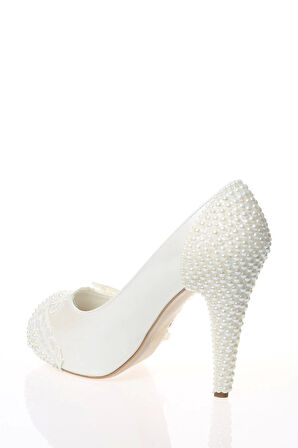 Kadın Moda Beyaz Sedef Inci Taş Işlemeli Gelin Ayakkabı Topuklu Düğün Nişan Gece Abiye Ayakkabısı