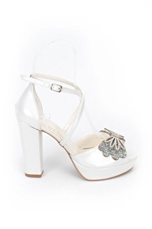 Kadın Moda Şık Sedef Cilt Taşlı Topuklu Zarif Tasarım Düğün Nişan Gece Abiye Ayakkabısı