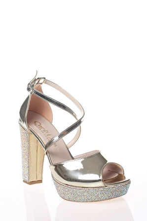 Kadın Moda Şık Gold Ayna Ökçe Poli Taş Topuklu Zarif Tasarım Düğün Nişan Gece Abiye Ayakkabısı