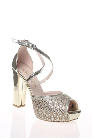 Kadın Moda Şık Gold Ayna Daire Lazer Topuklu Zarif Tasarım Düğün Nişan Gece Abiye Ayakkabısı