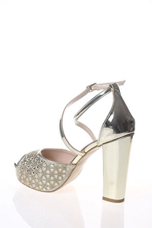 Kadın Moda Şık Gold Ayna Daire Lazer Topuklu Zarif Tasarım Düğün Nişan Gece Abiye Ayakkabısı