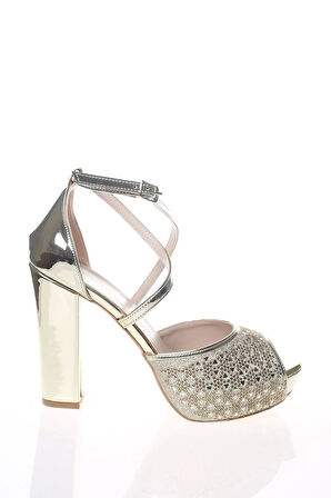 Kadın Moda Şık Gold Ayna Daire Lazer Topuklu Zarif Tasarım Düğün Nişan Gece Abiye Ayakkabısı