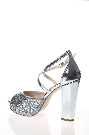 Kadın Moda Şık Gümüş Ayna Kristal Yüz Lazer Topuklu Düğün Nişan Gece Abiye Ayakkabısı