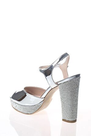Kadın Moda Şık Gümüş Ayna Ökçe Poli Taş Topuklu Zarif Tasarım Düğün Nişan Gece Abiye Ayakkabısı