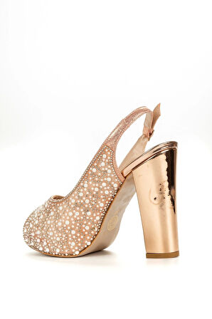 Kadın Moda Şık Gold Ayna Full Inci Taş Düğün Nişan Gece Abiye Ayakkabısı