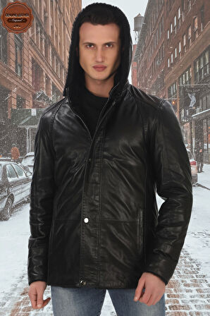 Erkek Hakiki Kuzu Derisi Kışlık Derimont Kürklü ve Kapüşonlu Siyah Deri Ceket