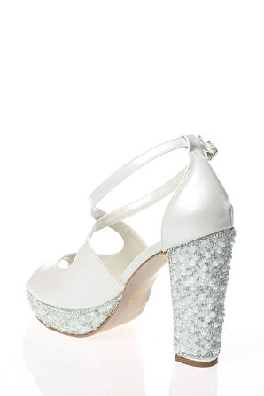 Kadın Moda Şık Sedef Cilt Ökçe Poli İnci Taş Topuklu Düğün Nişan Gece Abiye Ayakkabısı