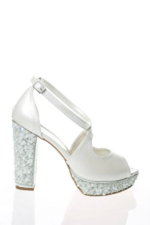 Kadın Moda Şık Sedef Cilt Ökçe Poli İnci Taş Topuklu Düğün Nişan Gece Abiye Ayakkabısı