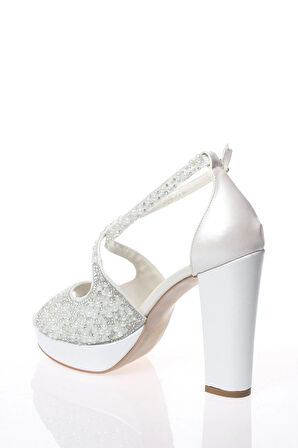 Kadın Moda Şık Gümüş Ayna Yüz İnci Taş Topuklu Zarif Tasarım Düğün Nişan Gece Abiye Ayakkabısı