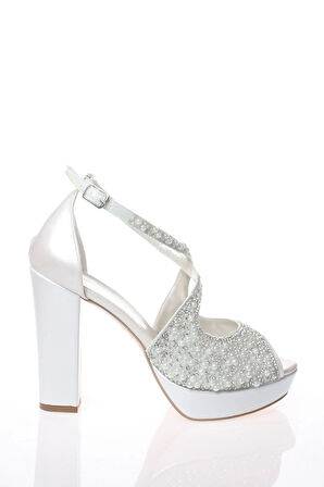 Kadın Moda Şık Gümüş Ayna Yüz İnci Taş Topuklu Zarif Tasarım Düğün Nişan Gece Abiye Ayakkabısı