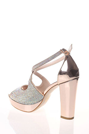 Kadın Moda Şık Gümüş Ayna Yüz Taş Topuklu Zarif Tasarım Düğün Nişan Gece Abiye Ayakkabısı