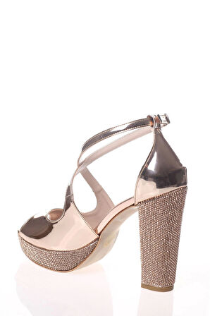 Kadın Moda Şık Gold Ayna Ökçe Poli Taş Topuklu Zarif Tasarım Düğün Nişan Gece Abiye Ayakkabısı