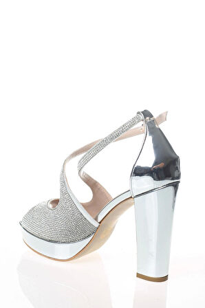 Kadın Moda Şık Gümüş Ayna Yüz Taş Topuklu Zarif Tasarım Düğün Nişan Gece Abiye Ayakkabısı