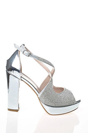 Kadın Moda Şık Gümüş Ayna Yüz Taş Topuklu Zarif Tasarım Düğün Nişan Gece Abiye Ayakkabısı