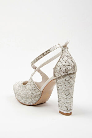 Kadın Moda Şık Gold Full Inci Taş Yüksek Topuk Düğün Nişan Gece Abiye Ayakkabısı