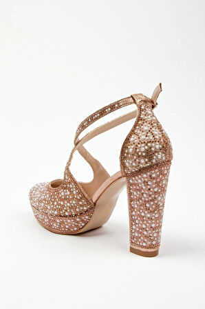 Kadın Moda Şık Gold Full Inci Taş Yüksek Topuk Düğün Nişan Gece Abiye Ayakkabısı