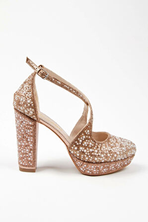 Kadın Moda Şık Gold Full Inci Taş Yüksek Topuk Düğün Nişan Gece Abiye Ayakkabısı