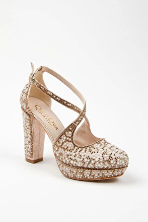 Kadın Moda Şık Gold Full Inci Taş Yüksek Topuk Düğün Nişan Gece Abiye Ayakkabısı