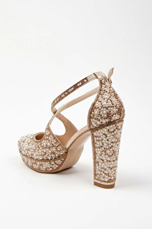 Kadın Moda Şık Gold Full Inci Taş Yüksek Topuk Düğün Nişan Gece Abiye Ayakkabısı