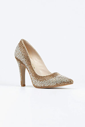 Kadın Moda Şık Gold Sultan Çift Renktaşlı Klasik Sivri Ince Düğün Nişan Gece Abiye Ayakkabısı