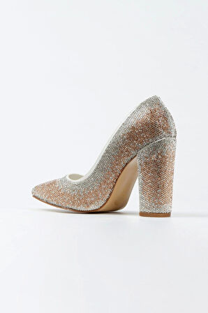 Kadın Moda Şık Gümüş Sultan Çift Renktaşlı Klasik Sivri Kalın Düğün Nişan Gece Abiye Ayakkabısı