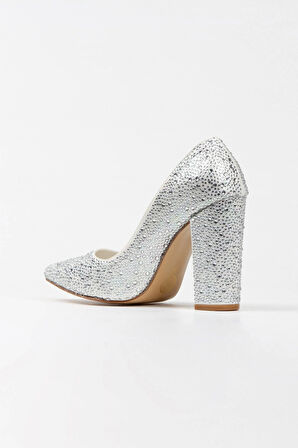 Kadın Moda Şık Gold Sultan Taşlı Klasik Sivri Kalın Düğün Nişan Gece Abiye Ayakkabısı