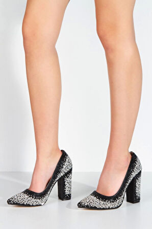 Kadın Moda Şık Gümüş Sultan Çift Renktaşlı Klasik Sivri Kalın Düğün Nişan Gece Abiye Ayakkabısı