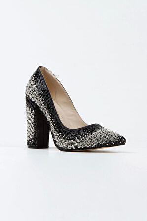 Kadın Moda Şık Gümüş Sultan Çift Renktaşlı Klasik Sivri Kalın Düğün Nişan Gece Abiye Ayakkabısı