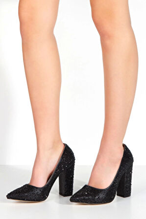 Kadın Moda Şık Gold Sultan Taşlı Klasik Sivri Kalın Düğün Nişan Gece Abiye Ayakkabısı