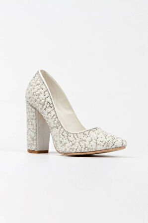 Kadın Moda Şık Rose Sultan Inci Taşlı Klasik Sivri Kalın Düğün Nişan Gece Abiye Ayakkabısı