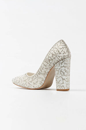 Kadın Moda Şık Rose Sultan Inci Taşlı Klasik Sivri Kalın Düğün Nişan Gece Abiye Ayakkabısı