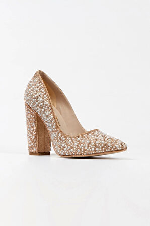 Kadın Moda Şık Rose Sultan Inci Taşlı Klasik Sivri Kalın Düğün Nişan Gece Abiye Ayakkabısı