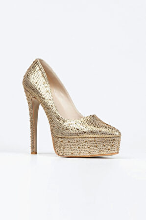 Kadın Moda Gold Sultan Taşlı Klasik Sivri Ince Topuklu Platformlu Düğün Nişan Gece Abiye Ayakkabısı