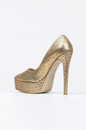Kadın Moda Gold Sultan Taşlı Klasik Sivri Ince Topuklu Platformlu Düğün Nişan Gece Abiye Ayakkabısı