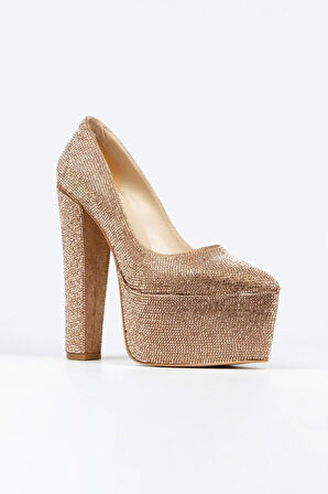 Kadın Moda Şık Full Taşlı Klasik Sivri Kalın Topuklu Platformlu Düğün Nişan Gece Abiye Ayakkabısı