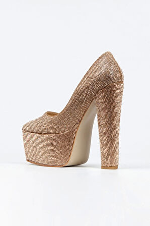 Kadın Moda Şık Full Taşlı Klasik Sivri Kalın Topuklu Platformlu Düğün Nişan Gece Abiye Ayakkabısı